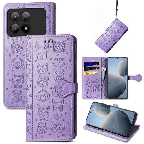 

For Xiaomi Redmi K70E Cat and Dog Embossed Leather Phone Case(Purple)