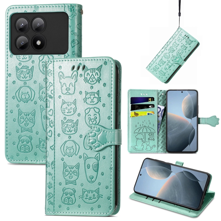 

For Xiaomi Redmi K70E Cat and Dog Embossed Leather Phone Case(Green)