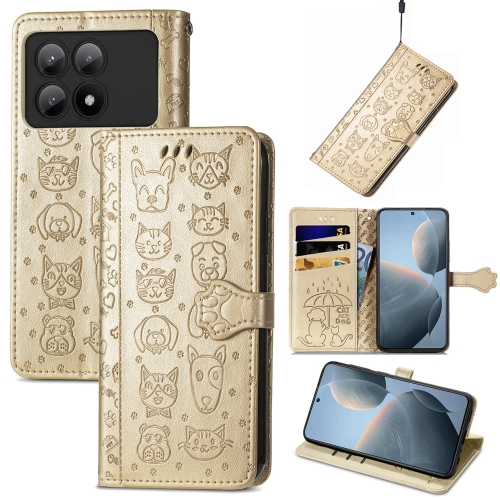 

For Xiaomi Redmi K70E Cat and Dog Embossed Leather Phone Case(Gold)