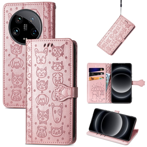 

For Xiaomi 14 Ultra Cat and Dog Embossed Leather Phone Case(Rose Gold)