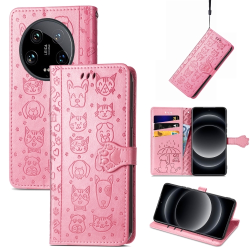 

For Xiaomi 14 Ultra Cat and Dog Embossed Leather Phone Case(Pink)