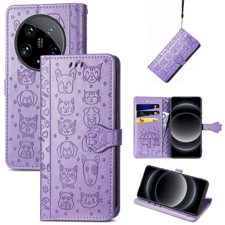 

For Xiaomi 14 Ultra Cat and Dog Embossed Leather Phone Case(Purple)
