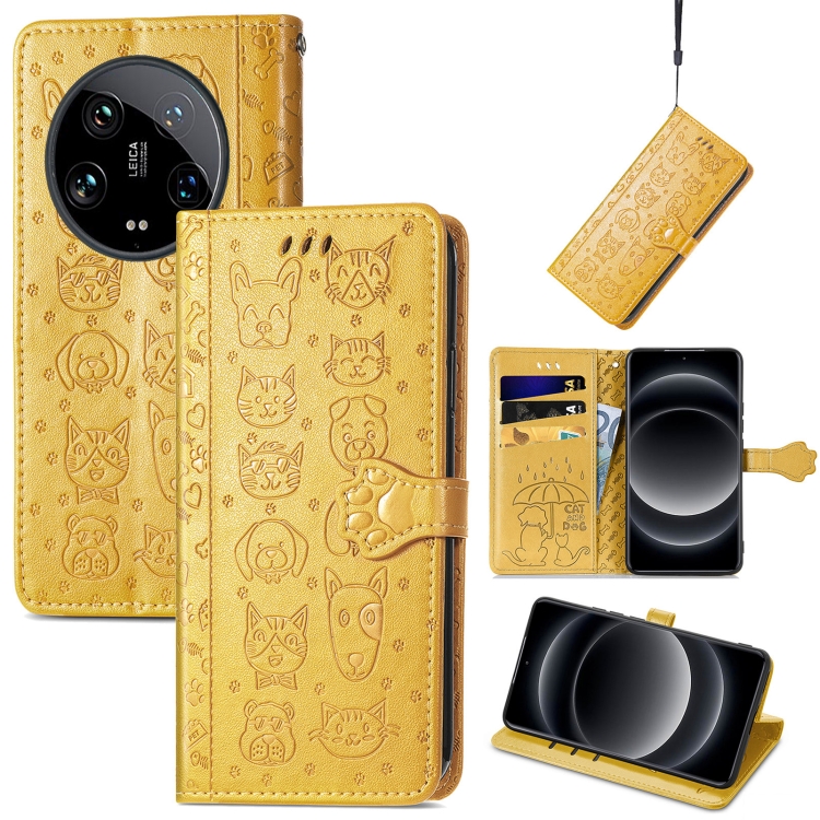 

For Xiaomi 14 Ultra Cat and Dog Embossed Leather Phone Case(Yellow)