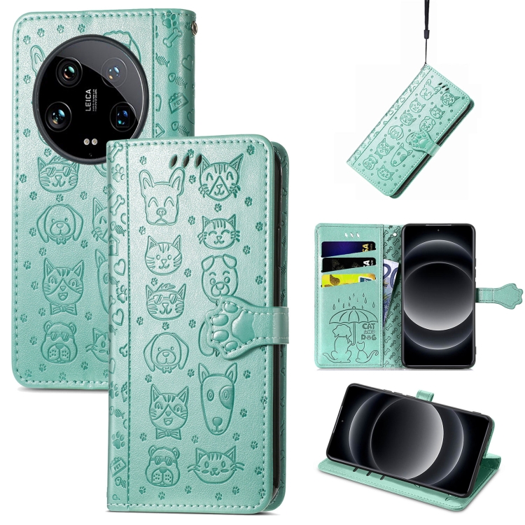 

For Xiaomi 14 Ultra Cat and Dog Embossed Leather Phone Case(Green)