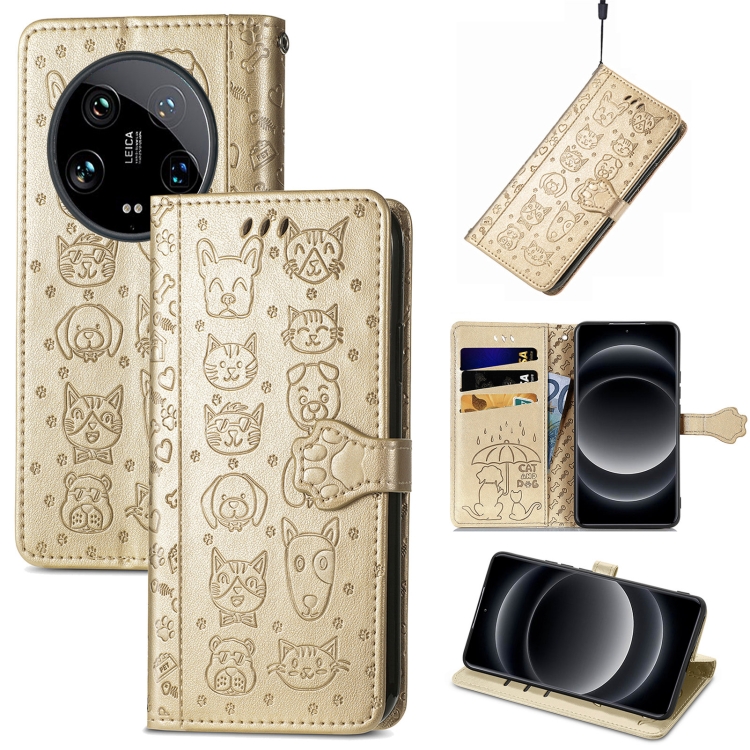 

For Xiaomi 14 Ultra Cat and Dog Embossed Leather Phone Case(Gold)