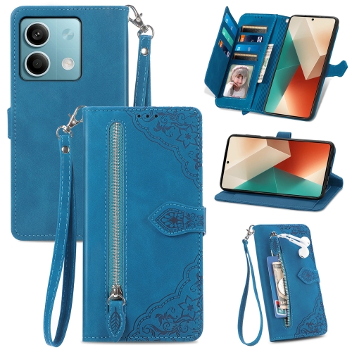 

For Xiaomi Redmi Note 13 5G Embossed Flower Zipper Leather Phone Case(Blue)