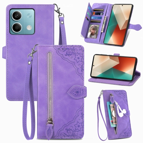 

For Xiaomi Redmi Note 13 5G Embossed Flower Zipper Leather Phone Case(Purple)