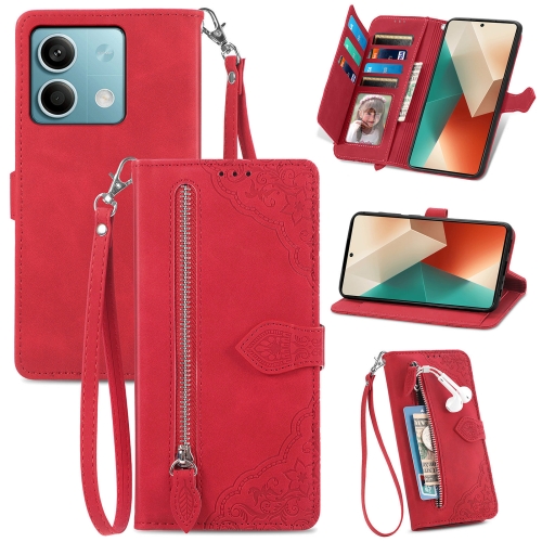 

For Xiaomi Redmi Note 13 5G Embossed Flower Zipper Leather Phone Case(Red)