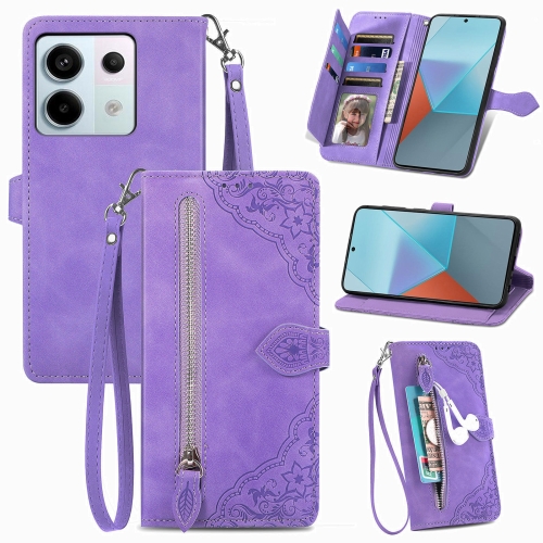 

For Xiaomi Redmi Note 13 Pro 5G Embossed Flower Zipper Leather Phone Case(Purple)