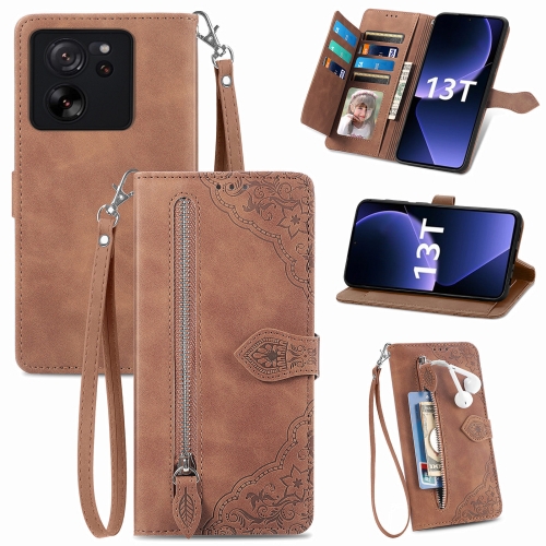 

For Xiaomi Redmi K60 Ultra Embossed Flower Zipper Leather Phone Case(Brown)