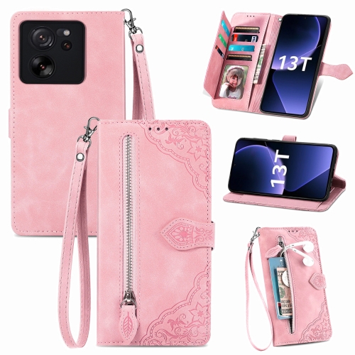

For Xiaomi Redmi K60 Ultra Embossed Flower Zipper Leather Phone Case(Pink)