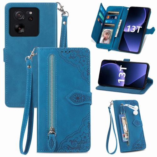 

For Xiaomi 13T / 13T Pro Embossed Flower Zipper Leather Phone Case(Blue)