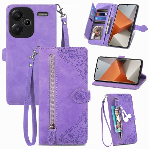 

For Xiaomi Redmi Note 13 Pro+ Embossed Flower Zipper Leather Phone Case(Purple)