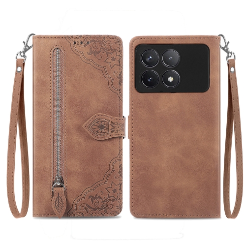 

For Xiaomi Redmi K70 Embossed Flower Zipper Leather Phone Case(Brown)