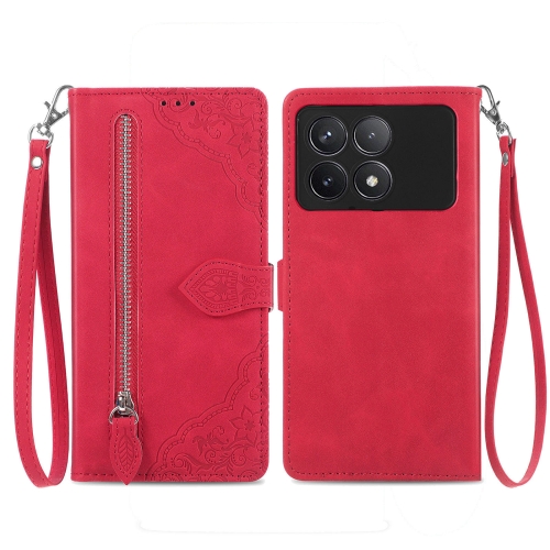 

For Xiaomi Redmi K70 Embossed Flower Zipper Leather Phone Case(Red)