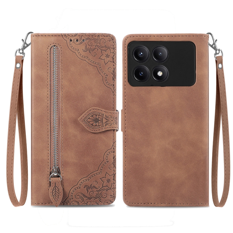 

For Xiaomi Redmi K70E Embossed Flower Zipper Leather Phone Case(Brown)