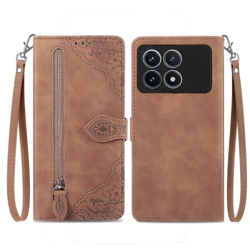 

For Xiaomi Redmi K70 Pro Embossed Flower Zipper Leather Phone Case(Brown)