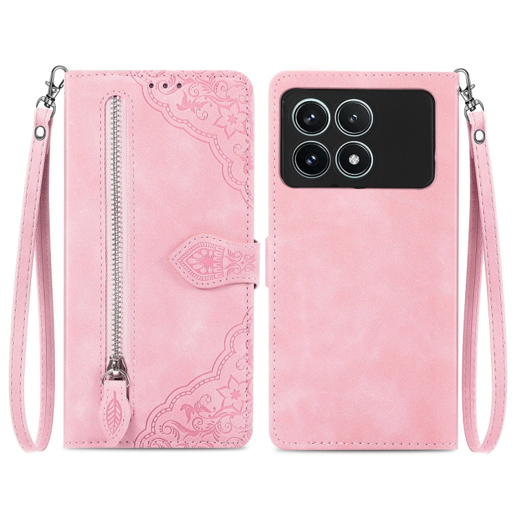 

For Xiaomi Redmi K70 Pro Embossed Flower Zipper Leather Phone Case(Pink)