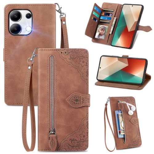 

For Xiaomi Redmi Note 13 4G Embossed Flower Zipper Leather Phone Case(Brown)