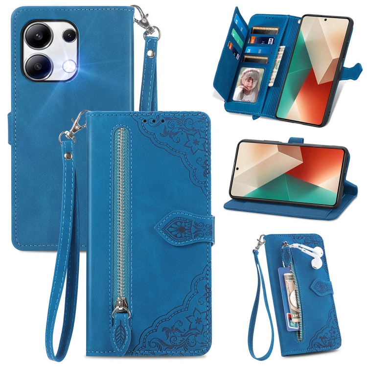 

For Xiaomi Redmi Note 13 4G Embossed Flower Zipper Leather Phone Case(Blue)