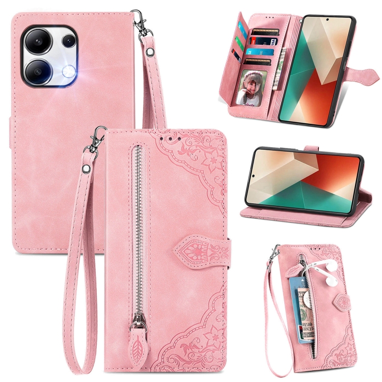 

For Xiaomi Redmi Note 13 4G Embossed Flower Zipper Leather Phone Case(Pink)