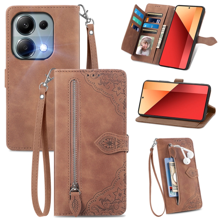 

For Xiaomi Redmi Note 13 Pro 4G Embossed Flower Zipper Leather Phone Case(Brown)