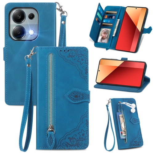 

For Xiaomi Redmi Note 13 Pro 4G Embossed Flower Zipper Leather Phone Case(Blue)