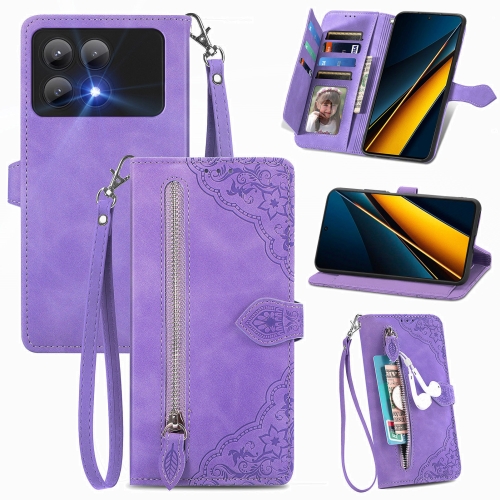 

For Xiaomi Poco X6 Pro Embossed Flower Zipper Leather Phone Case(Purple)