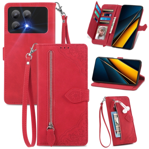

For Xiaomi Poco X6 Pro Embossed Flower Zipper Leather Phone Case(Red)