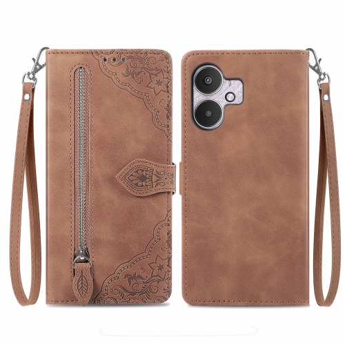 

For Xiaomi Redmi 13C 5G Embossed Flower Zipper Leather Phone Case(Brown)