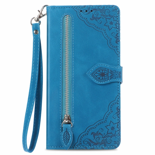 

For Xiaomi Redmi 13C 5G Embossed Flower Zipper Leather Phone Case(Blue)