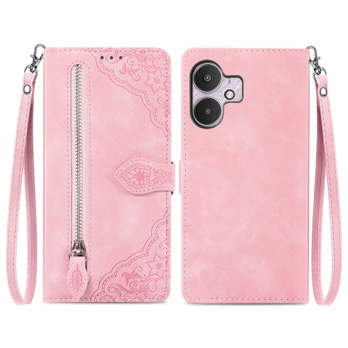 

For Xiaomi Redmi 13C 5G Embossed Flower Zipper Leather Phone Case(Pink)