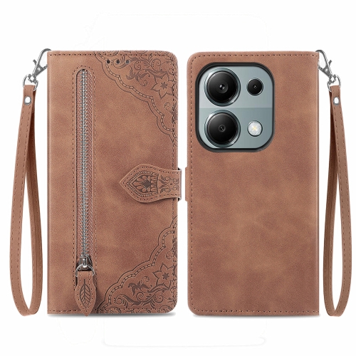 

For Xiaomi Poco M6 Pro 4G Embossed Flower Zipper Leather Phone Case(Brown)