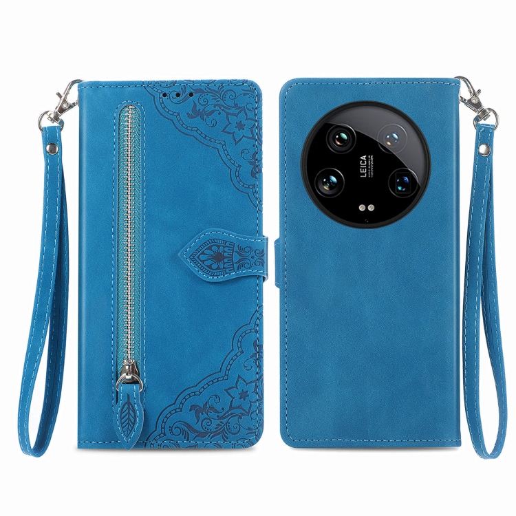 

For Xiaomi 14 Ultra Embossed Flower Zipper Leather Phone Case(Blue)