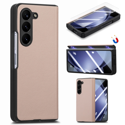 

For Samsung Galaxy Z Fold5 5G Litchi Integrated Film Electroplated Magnetic Hinge Leather Phone Case(Khaki)