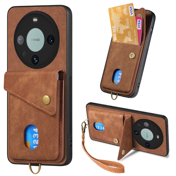 

For Huawei Mate 60 Pro Retro Card Wallet Fold Leather Phone Case with Strap(Brown)