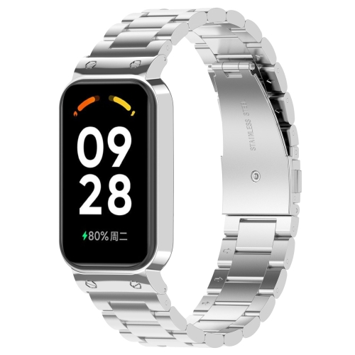 

For Xiaomi Smart Band 8 Active Three Bead Stainless Steel Watch Band + Watch Metal Frame(Silver)
