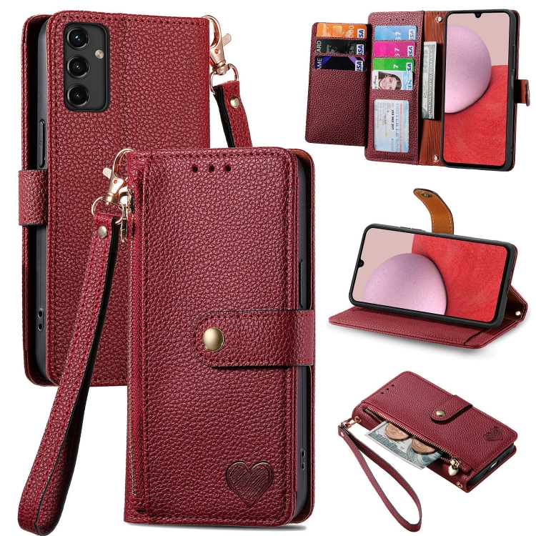 

For Samsung Galaxy A14 4G Love Zipper Lanyard Leather Phone Case(Red)