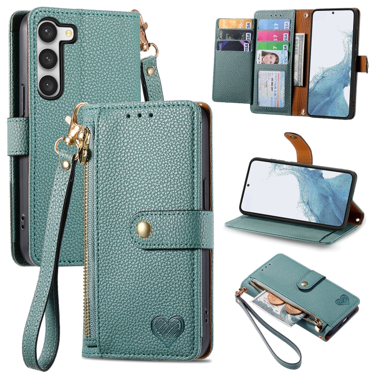 

For Samsung Galaxy S23 5G Love Zipper Lanyard Leather Phone Case(Green)