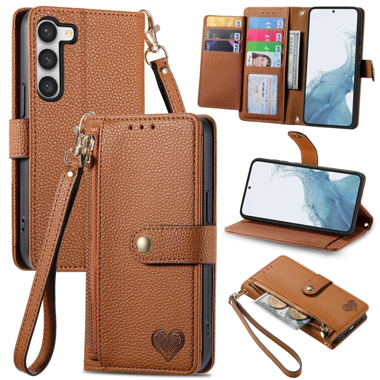 

For Samsung Galaxy S23 5G Love Zipper Lanyard Leather Phone Case(Brown)