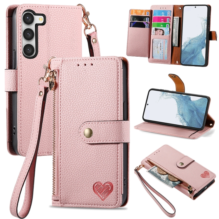 

For Samsung Galaxy S23 5G Love Zipper Lanyard Leather Phone Case(Pink)