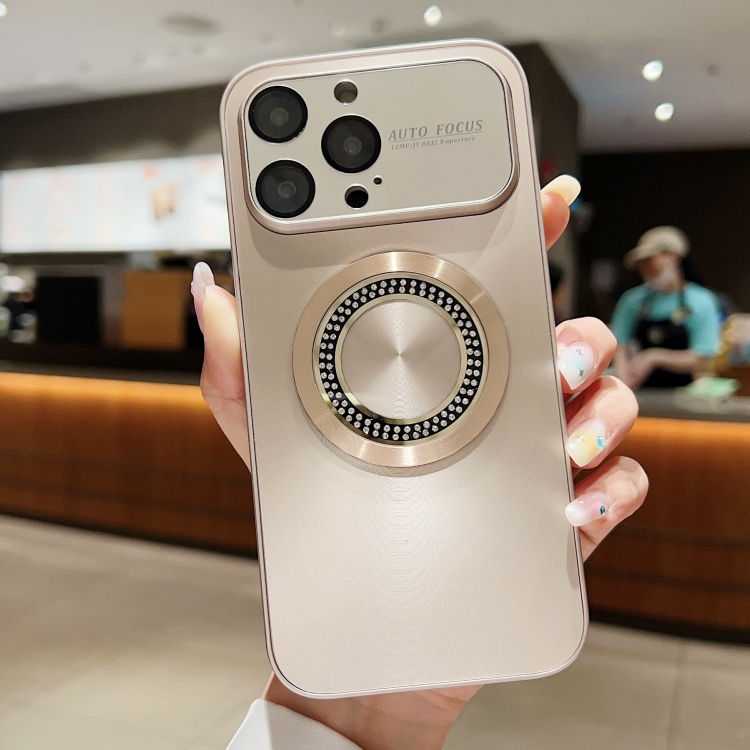 

For iPhone 15 Pro Max Large Window Diamond Magnifier Magnetic Phone Case(Gold)