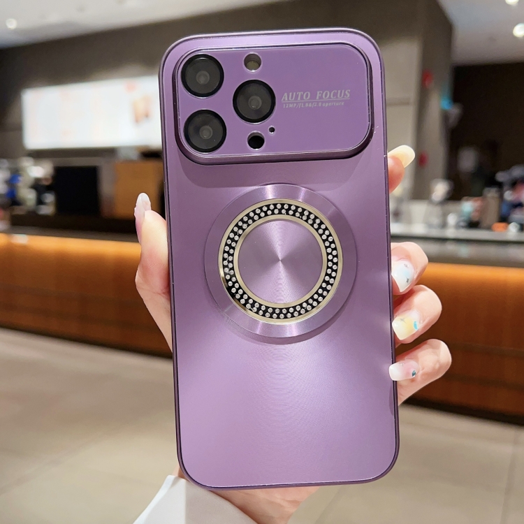 

For iPhone 15 Pro Large Window Diamond Magnifier Magnetic Phone Case(Purple)