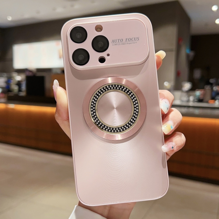 

For iPhone 12 Pro Large Window Diamond Magnifier Magnetic Phone Case(Pink)