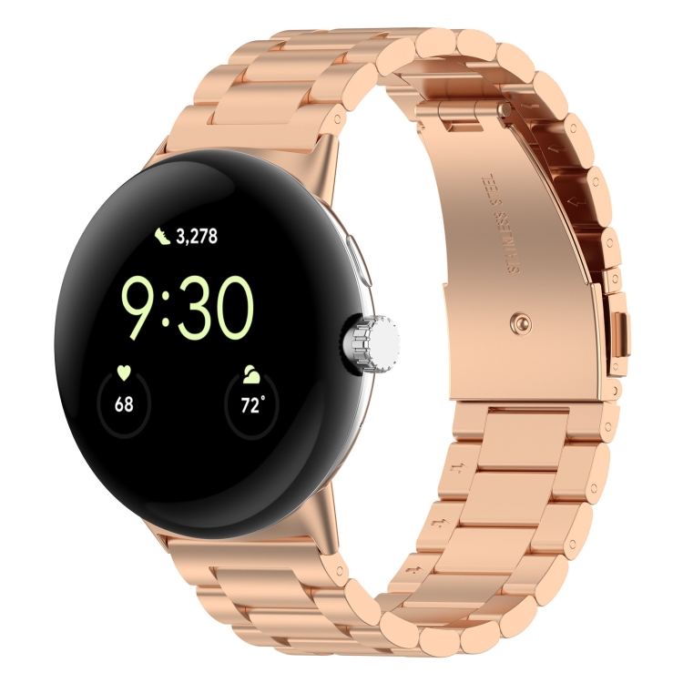 

For Google Pixel Watch 2 Three Bead Stainless Steel Metal Watch Band(Rose Gold)