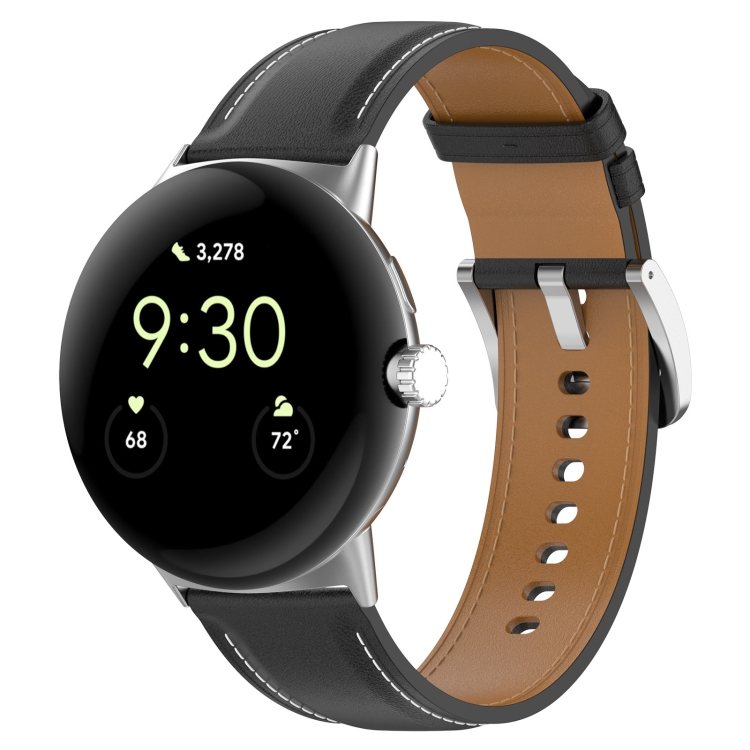 

For Google Pixel Watch 2 Top Layer Leather Embossed Sewing Watch Band(Black)