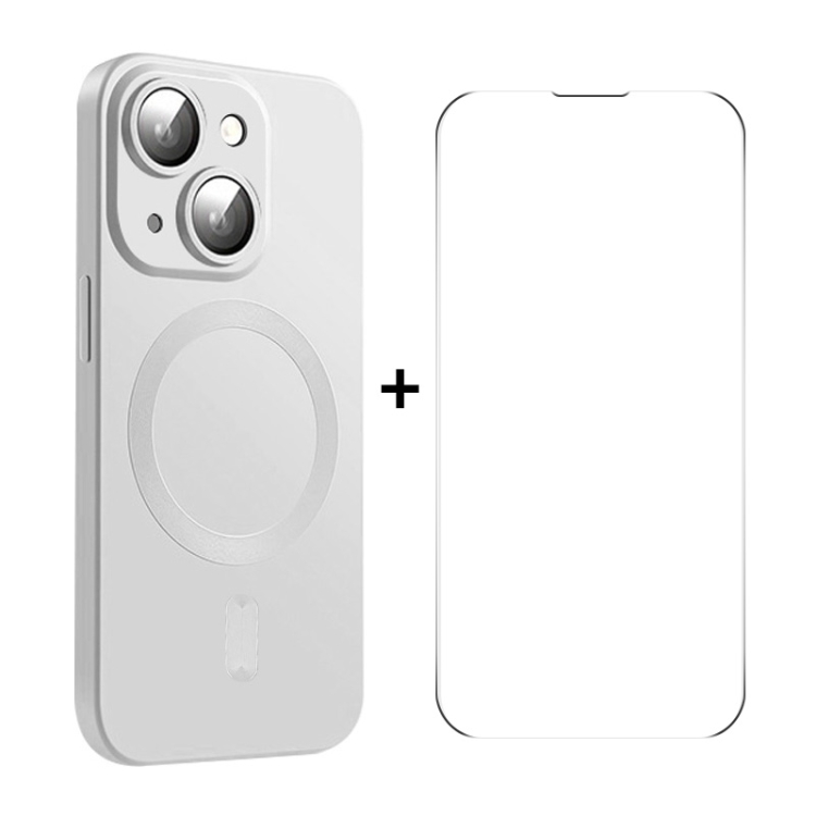 

For iPhone 14 Plus ENKAY MagSafe Matte TPU Phone Case with Lens Film & Screen Glass Film(Silver)