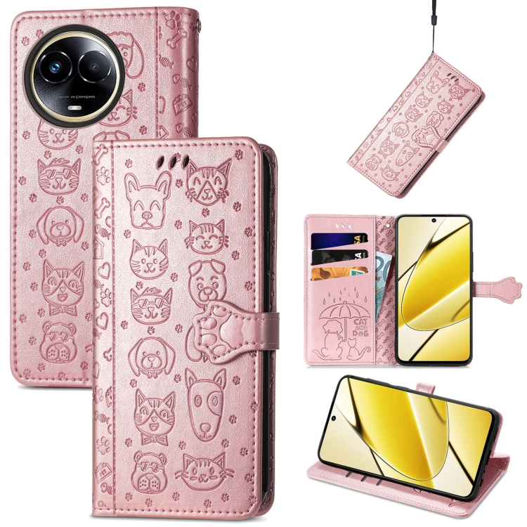 

For Realme 11 5G Global Cat and Dog Embossed Leather Phone Case(Rose Gold)
