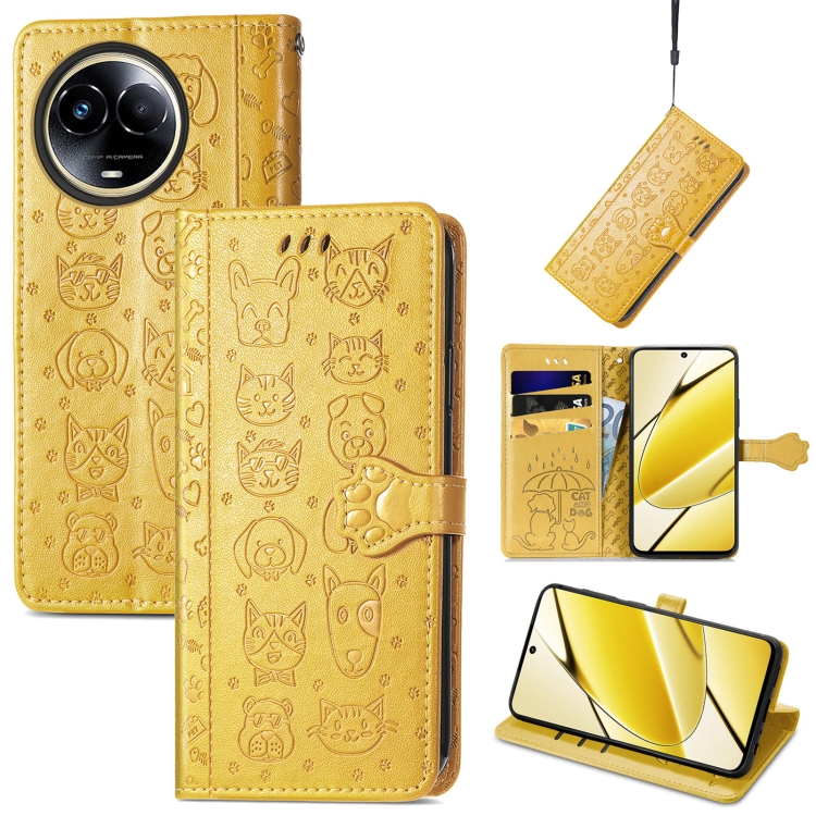 

For Realme 11 5G Global Cat and Dog Embossed Leather Phone Case(Yellow)
