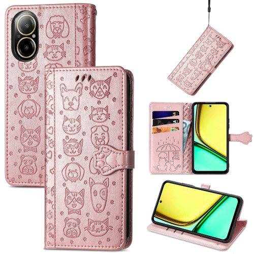 

For Realme C67 4G Cat and Dog Embossed Leather Phone Case(Rose Gold)